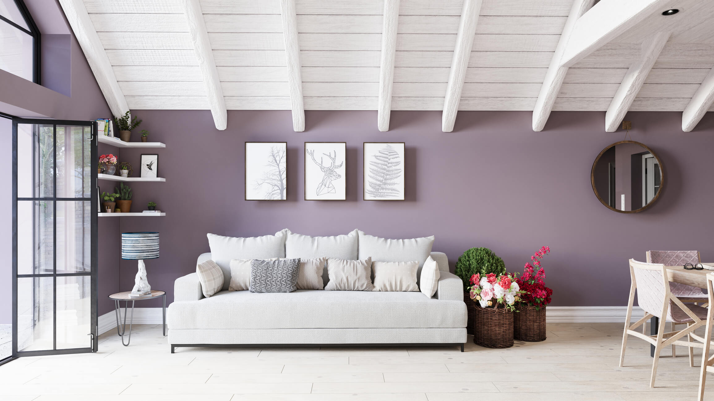 Cozy sofa and decorative plants